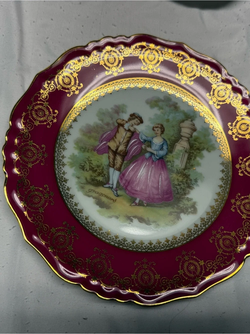 Vintage Decorative Limoges Porcelain Charger Plate in Magenta and Gold. Set of 2